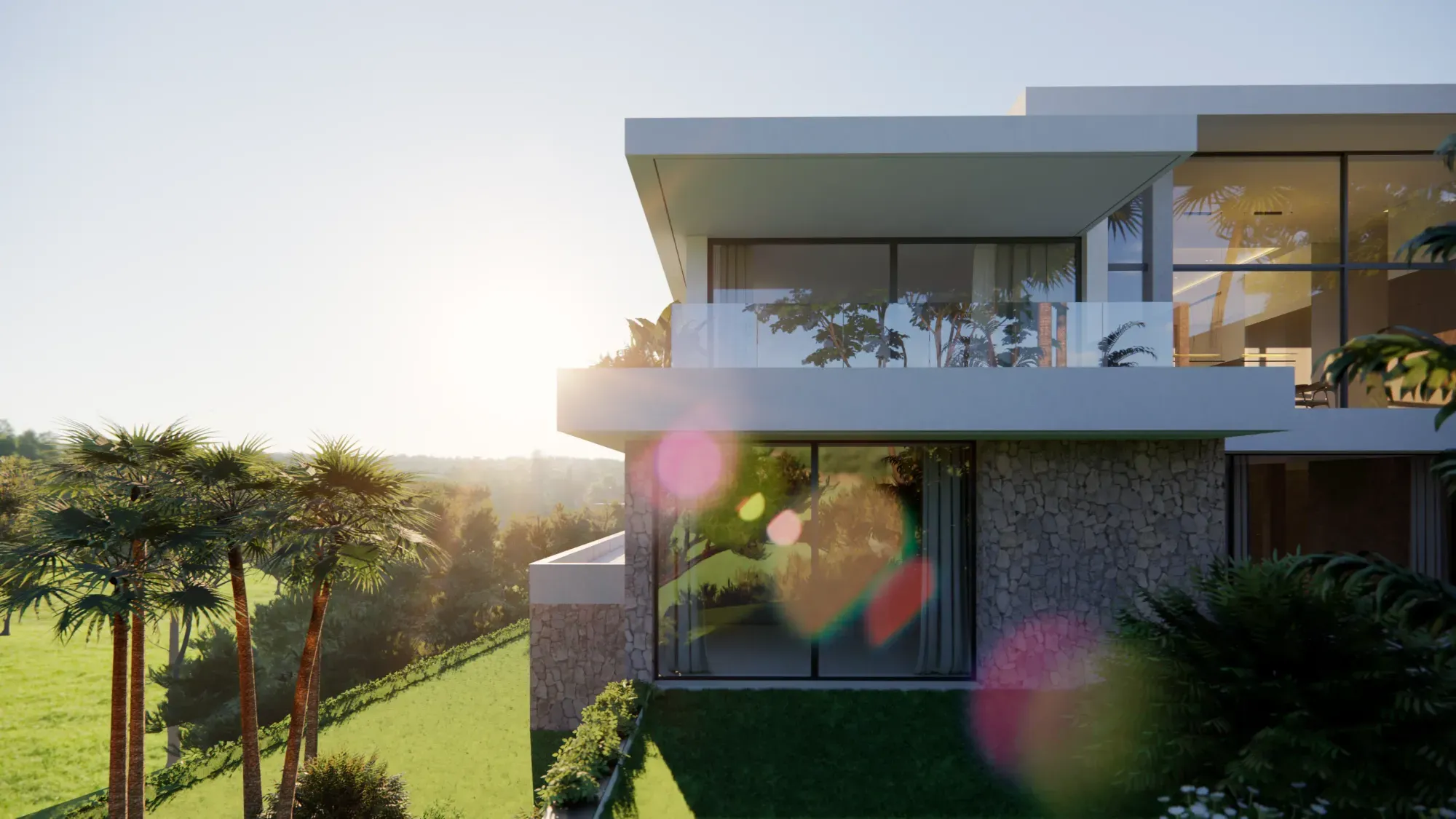 Rendering of the designed villa in Las Lomas, La Quinta, with palms and mountain views