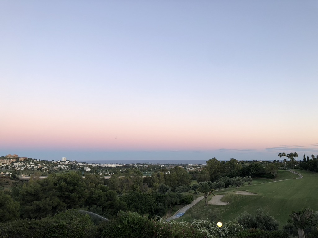 Golf course and the sea at dusk in Nueva Andalucía, Marbella